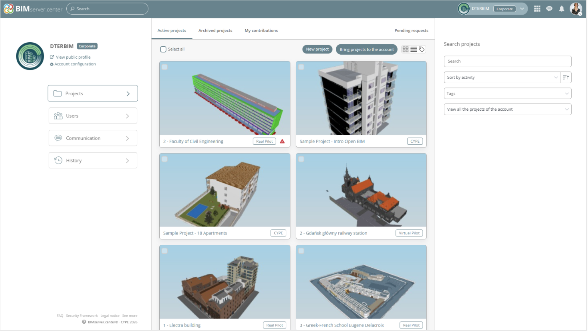 Collaborative account created in BIMserver.center for DTERBIM.